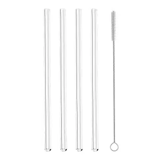 Metaltex Trinkhalme aus Glas, 4-teilig, Wiederverwendbare Strohhalme inklusive Reinigungsbürste, 1 Set, gerade