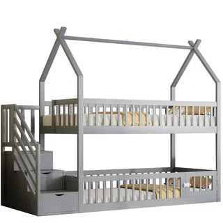 Stilvora Etagenbett 90/200 cm in Grau Kinderbett mit Treppe und Schubladen Massivholz Haus-Design , Holz , 90x200 cm , Babymöbel & Kindermöbel, Kinderzimmer & Jugendzimmer, Stockbetten