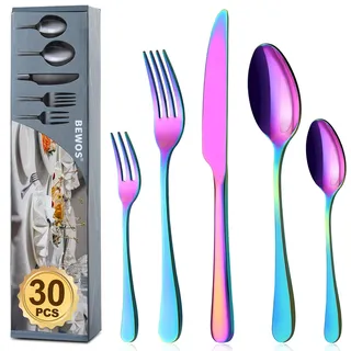 BEWOS Regenbogen Besteck Set für 6 Personen, 30 teilig Bunte Essbesteck Set inkl. Messer, Gabel, Löffel, Besteck Edelstahl Spiegelpoliert, Spülmaschinenfest