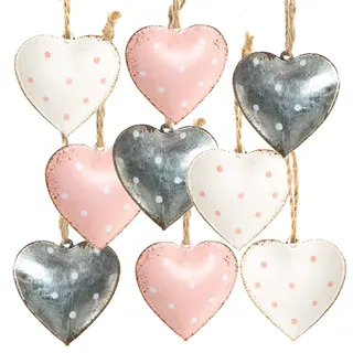 Herzanhänger Metall, 9er Set: Metallherzen Anhänger, Deko Herzen zum Aufhängen, Dekoanhänger Valentinstag, Frühling, Ostern, Muttertag, Frühlingsdeko, Blechherzen Hängedeko, Weiß, Rosa & Silber, 4 cm