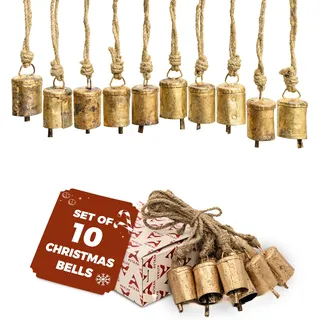 AKATVA Gold Weihnachtsschmuck Set - Vintage Weihnachtsdekoration für Baum - Gold Weihnachtsglocken - Christbaumschmuck für die Weihnachtszeit - Rustikale Glocken Hängende Ornamente - Set von 10 Stück
