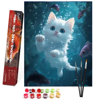 Bougimal Malen Nach Zahlen Erwachsene Tier Ohen Rahmen inklusive Pinsel und Acrylfarben - 40 x 50 cm, Weiße Katze 2