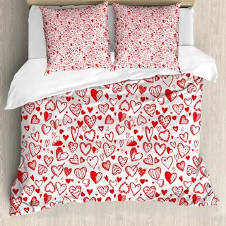 ABAKUHAUS Valentines Bettbezug, Rote und weiße Skizze, Milbensicher Allergiker geeignet mit Kissenbezügen, 155 cm x 220 cm - 80 x 80 cm, Scarlet Weiß - Weiß