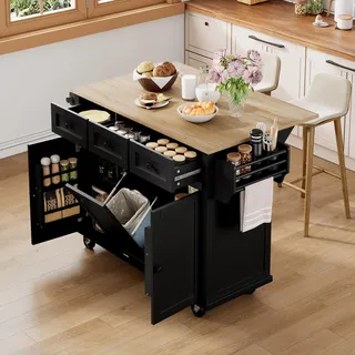 Flieks Servierwagen mit Arbeitsplatte Klappbar, Kücheninsel Küchenwagen mit Mülleimerfach & Schubladen, Mobil Speisewagen 112x46.2-76.2x92.7cm Schwarz - Schwarz