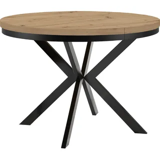 Esstisch rund Ausziehbar, ENDIK Durchmesser: 100/200 cm, mit Ring-Gestell und Metallbeinen, Loft-Stil, Industriel, Farbe: Eiche Artisan / Schwarz - Braun, Schwarz