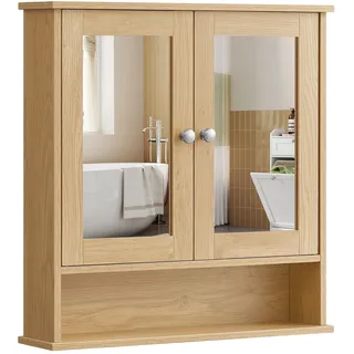 VASAGLE Spiegelschrank, Badschrank, Wandschrank, Hängeschrank mit 2 Spiegeltüren und offenem Fach, verstellbare Ablage, Wandmontage, 13 x 56,5 x 58,5 cm, natureichenfarben LHC003Y01