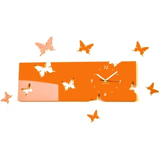 FLEXISTYLE Große Moderne Wanduhr Schmetterling Orange Querformat 20 x 60 cm, 3D DIY, Wohnzimmer, Schlafzimmer, Kinderzimmer