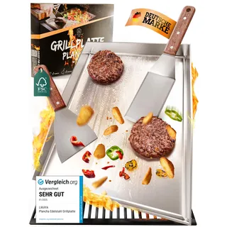 Plancha Grillplatte [OHNE LOCH 30x40cm] mit 2x Grillspachtel mit FSC-Akazienholzgriff Grillzubehör | Verzugsfreier Edelstahl | Plancha Gasgrill Kohlegrill | Geschlossene Ecken ohne Auslaufen - LIKAYA