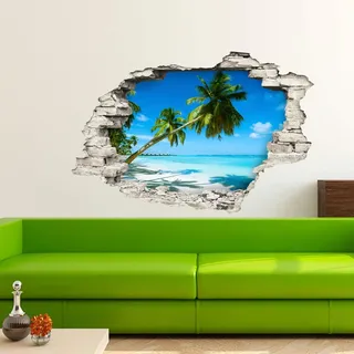 Sticker 3D Effekt |Wandaufkleber Tropische Landschaft - Tapete Dekoration optische Täuschung Raum und Wohnzimmer | 60 x 90 cm