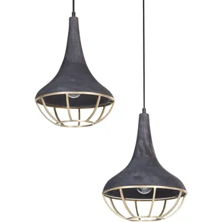 BELIANI Hängeleuchte Schwarz Mango-Holz 2-Flammig mit Schirm Metall Messingfarbend Glockenform Langes Kabel Boho Stil Rustikal für Esstisch Wohnzimmer - Schwarz, Gold