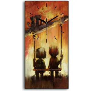 Wanduhr Bürouhr Leinwand Bild 30x60 Foto Paar unter Baum über Schaukel - schwarze Hände - Orange
