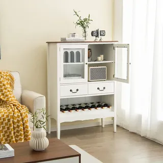 COSTWAY Weinschrank aus Kiefernholz, freistehender Schrank mit 2 Türen, 2 Schubladen aus gehärtetem Glas, Küchen Sideboard mit Kippsicherung für Küche Esszimmer & Wohnzimmer (Weiß) - Weiß