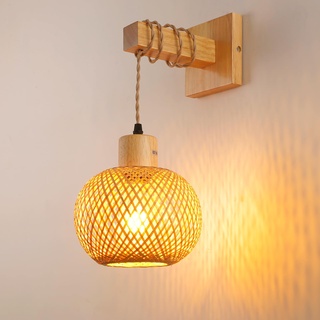 Wandleuchte Innen Boho Vintage Bambuslaterne Lampe,E27 Nylon-Seil Bambus Holz Und Metall Wandlampe Innen Kreativ Handgewebt Boho Lampe FüR Das Bad Wohnzimmer Schlafzimmer