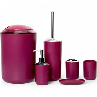 6tlg Badset Badezimmer Zubehör Set Organizer: Seifenspender, Zahnputzbecher, Kosmetikeimer, WC Bürste und Halter, Seifenschale, Mülleimer, Zahnbürstenhalter, Badgarnitur (Magenta Design 3)