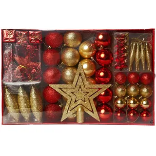 Heitmann Deco Weihnachtsbaum-Schmuck Set 60-teilig – Gold & Rot – mit Baumspitze, Kugeln, Girlande, Perlkette & Sternen – bruchsichere Weihnachtsdeko aus Kunststoff für innen und außen geeignet