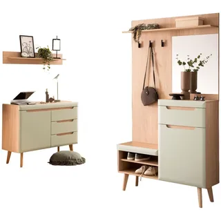 Furn.Design Garderoben-Set 3-teilig Pistazie matt, Scandi Eiche, Garderobenkombination skandinavisch 227 x 197 cm , Pastellgrün, Eichefarben , Holz , Nachbildung,Eiche , Uni , Rechteckig , 237x200x40 cm , FSC Mix , Garderobe, Garderoben-Sets & Garderoben-Serien, Garderoben-Sets