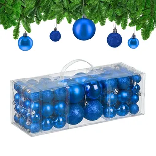 Relaxdays Weihnachtskugeln im 76er Set, Kunststoff, glitzernde, Matte, glänzende Baumkugeln, Christbaumschmuck, blau