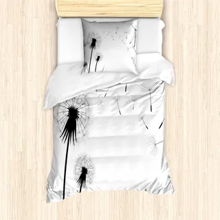 ABAKUHAUS Löwenzahn Mantele, Seed weggeblasen Floral, Milbensicher Allergiker geeignet mit Kissenbezügen, 135 cm x 200 cm - 80 x 80 cm, Schwarz-Weiss - Schwarz