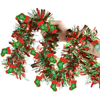 Weihnachtsbaum Lametta Girlande Rot & Grün Strumpf Tannengirlande 2M Künstliche Weihnachtsgirlande Baumschmuck Weihnachtsdeko für Kamin Treppe Türen Fenster Weihnachtsfeier Innen-/ Außenbereich