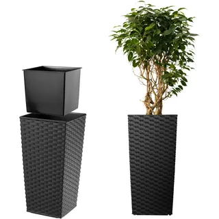 KADAX Pflanzkübel mit Innentopf, Höhe 75cm, 38x38cm, ca. 54L – Rattan-Optik Schwarz, Frostsicherer Blumentopf für Innen & Außen, Garten, Balkon & Terrasse, UV-beständig, wetterfest