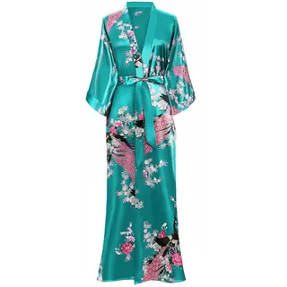 BABEYOND Damen Kimono Robe Lange Roben mit Pfau und Blüten Bedrucktes Kimono Nachthemd, Dunkelgrün, Einheitsgröße