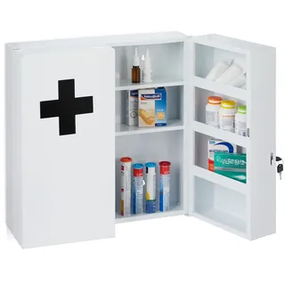 Relaxdays Medizinschrank XXL, abschließbar, 11 Fächer, Stahl, HBT: 53,5x53x19 cm, Arzneischrank 2-türig, weiß/schearz