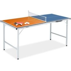 Relaxdays Tischtennisplatte Indoor, klappbar, Tennistisch mit Netz, 2 Schläger, 3 Bälle, HBT: 70x70x150 cm, blau/orange