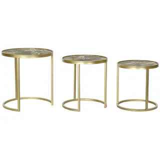 DKD Home Decor Set mit 3 Tischen, goldfarben, Metall, MDF, Tropisches Grün (47 x 47 x 50 cm)