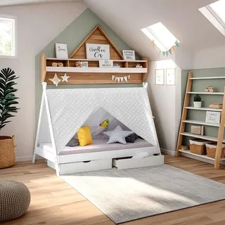 Homestyle4u Kinderbett Hausbett 90 x 200 cm Kiefer massiv weiß
