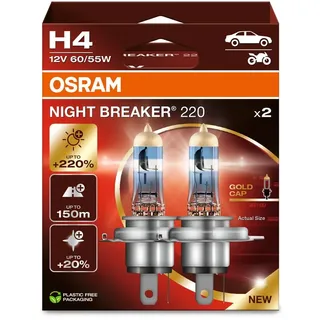 Osram NIGHT BREAKER 220, H4, +220% mehr Helligkeit, Halogen-Scheinwerferlampe, 64193NB220, Faltschachtel (2 Lampen), white