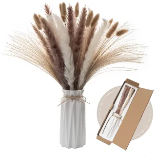 Wemk 44 Stück Pampasgras Getrocknete, Inklusive Vase, Schilfgrasstrauß für Hochzeits-Boho, Heimdekoration, Deko Wohnzimmer, Hochzeitsblumen