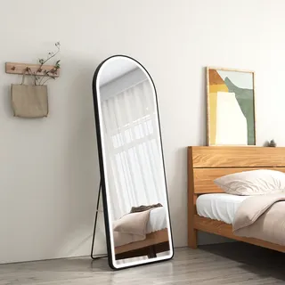 EMKE Standspiegel 160x60cm Ganzkörperspiegel Schwarz Rahmen mit LED Beleuchtung Spiegel in 3 Farbe Licht Dimmfunktion Gewölbter Ankleidespiegel - Schwarz