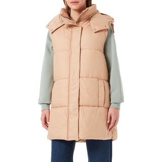 ONLY Damen Lange Puffer Weste | Wattierte Stepp Übergangsjacke ohne Ärmel | mit Kapuze & Zip ONLDEMY, Farben:Sand, Größe:XS