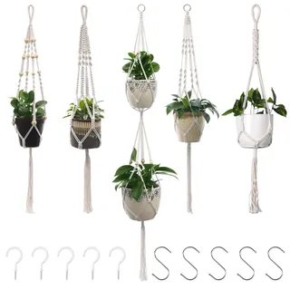 BASVII Makramee Blumenampel 5er Set, Boho Deko Baumwollseil Hängeampel Beige Blumentopf für Pflanzen Halter Aufhänger für Innen, Außen, Garten, Balkon, Terasse, Fenster