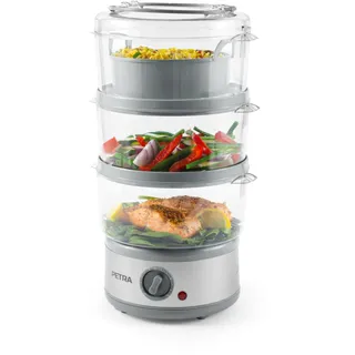 Petra PT2726ZV2HEVDE 3-stufig Elektro-Dampfgarer - 7,5L Multikocher, Abnehmbare BPA-freie Körbe und Reisschüssel inklusive, kompaktes Design, 60-Minuten-Timer, 500W, Fleisch- und Gemüsedämpfer, Silber