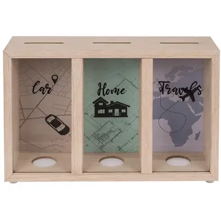 ootb Spardose mit 3 Fächern Holz Urlaubskasse Sparbüchse Geschenkidee Reisekasse Car Home Travels, Einheitsgröße, Mehrfarbig