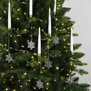 Dixmas Weihnachtsbaumkerzen mit Fernbedienung, LED Stabkerzen mit Timer, 12 Stück Baumkerzen mit Schneeflocken und Haken, Batteriebetriebene LED kerzen Kabellos für Weihnachtsbaum