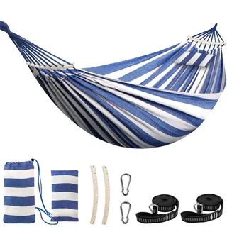 Chihee Hängematte aus Baumwolle Große,weiche,atmungsaktive Camping-Hängematten Hält bis zu 300kg Tragbare Baum-Hängematte mit abnehmbarem Spreizstab Kopfkissen 2 Starke Gurtbänder 2 Karabinerhaken