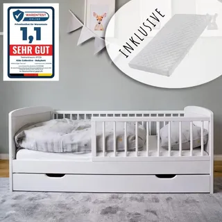 Kids Collective Kinderbett 70x140 cm mit Lattenrost, und Raufallschutz Vollholz in weiß - 70 x 140 perfekte Größe nach Gitterbett Babybett - Weiß