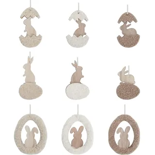 DN DECONATION 9-teilige Osteranhänger, Holz Hasen mit Sherpa-Textur & Perlenschnur, Rustikale Osterdekoration zum Aufhängen für Baum, Tür & Tisch, Landhaus Deko Set in Beige & Braun mit Holzperlen