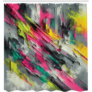 ABAKUHAUS Bunt Duschvorhang, Futuristisches Gemälde Thema abstrakte Pinselstriche Moderne Grunge Details, Stoffliches Gewebe Badezimmerdekorationsset mit Haken, 175 x 200 cm, Pink Limettengrün Türkis