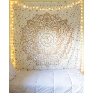 raajsee Metallic Gold Tapestry Mandala Wall Hangings, Indian Cotton Beach Throw Blanket, Hippie Tapestries Boho Decor,Twin Bedspread Yoga Meditation Mat Rugs 132X152 CM