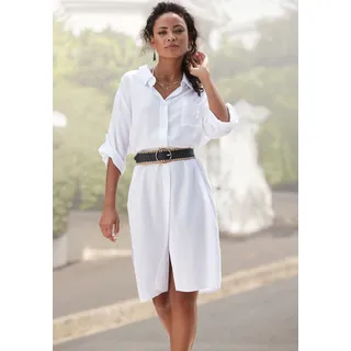 Longbluse LASCANA "aus leichter Webware mit Leinenanteil", Damen, Gr. 44, weiß, Web, Obermaterial: 58% Viskose, 28% Baumwolle, 14% Leinen, unifarben, figurumspielend kniebedeckend, V-Ausschnitt, mit Riegel krempelbar, Blusen Longbluse, kurzes Strandkleid, luftiges Blusenkleid, lockeres Tunikakleid, Sommer