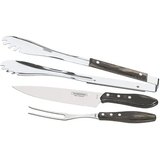 Tramontina Grillbesteck Set, 3-teilig, Grillzange, Tranchiermesser,Tranchiergabel aus rostfreiem Edelstahl, FSC, Tramontina_29899/267, Braun