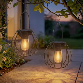 Kimjo Solarlaterne für Außen - Solarlampen für Außen Garten Hängend Stehend IP65 Wasserdicht - Topfförmige Solar Laternen für Draußen Warmweiß Metall - Hängende Solarleuchten Garten Patio 2 Stück