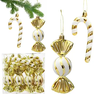 12 Stück Glitzer Weihnachtsbaumschmuck Gold,XXL Weihnachtskugeln Zuckerstangen Deko,Weihnachten Weihnachtsbaum Anhänger Tannenbaumschmuck Weiß Gold für Weihnachtsbaum Deko Christbaumschmuck