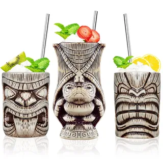 Tiki Becher Set - Cocktail Gläser, Set Mit 3 Keramik-Tassen für Exotische Party, Bar