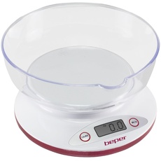 BEPER BP.802 Digitale Küchenwaage, abnehmbare transparente Schüssel, feste und flüssige Lebensmittel, hochpräziser Sensor, bis zu 5 kg, LCD-Display, Gramm- und Libre-Einheit, Weiß/Rot