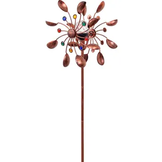 Kinetic Art Windspiel Metall Windrad kugelgelagert - Copper Bucket Duett Solar Farbwechsel LED Glaskugel Ø36 Höhenflexibel Windmühle inkl. Bodenanker wetterfest standfest ideal für Terrasse und Garten