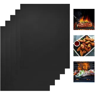 Relota 5 stück BBQ Grillmatte, Grillmatten 50×40 cm Schwarz Grill Matte Teflon Antihaft für Gasgrill, Grillmatten für Gasgrill Lebensmittelecht Teflon Grillmatte für Holzkohlegrill, Grill, Backofen